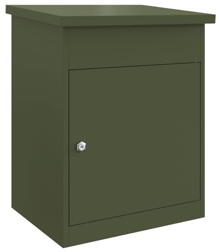 vidaXL Olivgrüner Paketkasten aus Stahl. Wetterfestes Material, sichere Tür mit Nockenschlössern. Größe: 44 x 35 x 59 cm. Mattes Finish, perfekt für den Außenbereich.