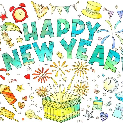 Ausmaltischdecke Silvester 2026,Papier Tischdecke zum Ausmalen Silvester Deko,Frohes Neues Jahr Ausmalen Poster Kinder Happy New Year Ausmalen Tischdecke Neujahrsgeschenke
