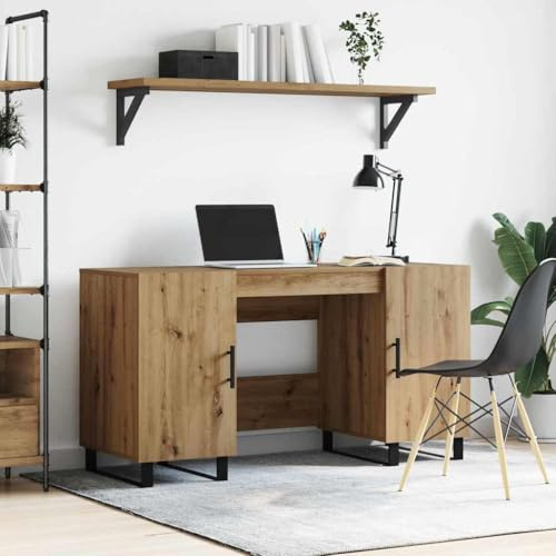 Qnhdfrt Computertisch 140x50x75 cm Eiche Handwerklich Massiver Holzwerkstoff Büroschreibtisch mit 2 Regalen und Türen Modernes Industriedesign für Home Office Gaming Studio