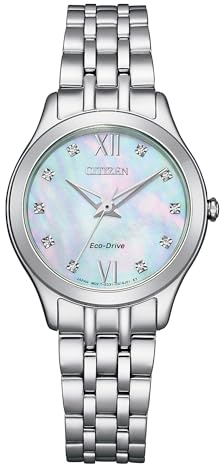 Citizen Women's Silhouette Diamond Watch, Mother-of-Pearl, 29MM, EM1010-51D | Eco-Drive Solar Powered, Mineral Crystal, Silver Tone Stainless Steel Bracelet