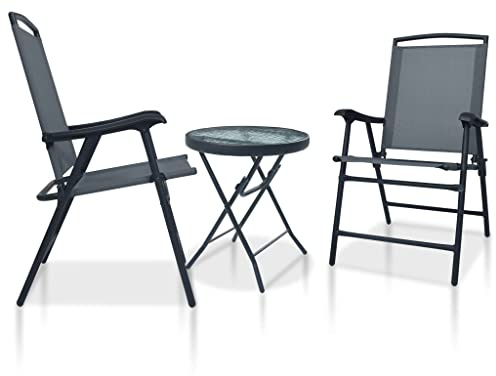 QJBSAVVA 3-TLG. Bistro-Set Klappbar Gartentisch 40 Ø cm & 2 Stühle Textilene Stahl grau für Balkon Terrasse Camping 62 x 59 x 93 cm platzsparend modern