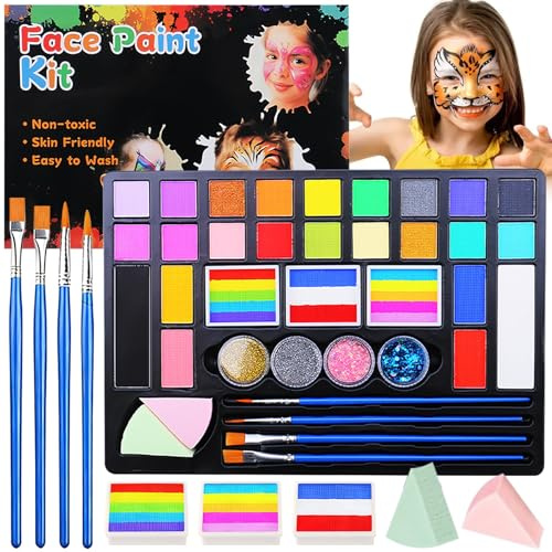 Pintacaras Infantil,37 Colores Pinturas Cara para Niños,Con 4 Pinceles,3 Pintura Cara Niños,4 purpurinas,2 esponjas,para Halloween Navidad Carnaval (37 Colores)