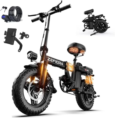 ZEFIORA Electric Bike, 250W Powerful Motor, 48V 17.5AH Removable Battery, 60 KM PAS Range, 14 Folding Ebike with Phone Holder & Lock, Electric Commuter Bicycle for Adults Teens, Full Suspension(Z12)