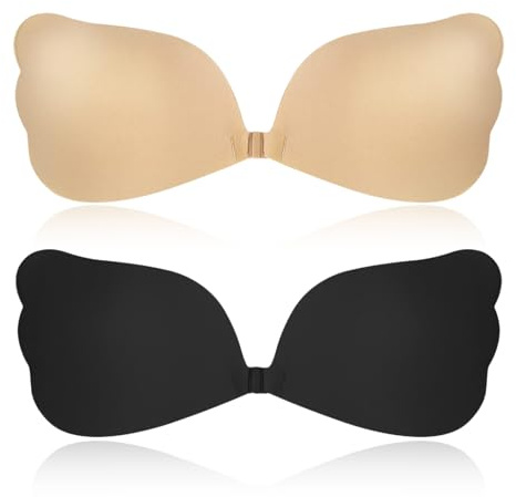 Klebe BH Trägerloser Silikon BH 2er Set Schwarz & Hautfarbe Push-Up Unsichtbar Atmungsaktiv Rückenfrei Klebepads für große und kleine Brüste Ideal für Abendkleid Brautkleid und rückenfreie Kleidung