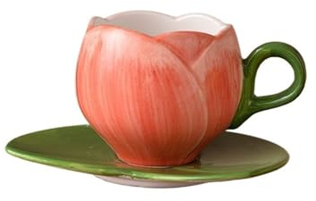 JFNKLFG Taza y platillo con forma de flor tulipán, mesa comedor, taza café, tazas porcelana delicadas, té la tarde Para té café(Red)