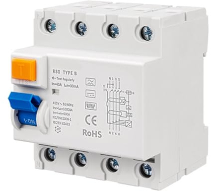 Wisyurt Disjoncteur Différentiel de Type B R80 40A 30mA avec Détection de Fuite, Disjoncteur Quadripolaire et Fonction de Coupure Automatique pour la Sécurité des Bornes de Recharge.