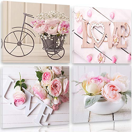 Feeby Frames, Leinwandbild, Bilder, Wand Bild - 4 Teile - Wandbilder, Kunstdruck 40x40 cm, Love, Rosen, Blumen, STRAUß, RUSTIKAL, ROSA