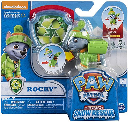 Paw Patrol Snow Rescue - Rocky mit verwandelbarem Welpe Pack und Abzeichen
