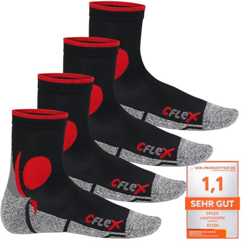 CFLEX Damen und Herren Running Funktions-Socken (4 Paar) Laufsocken - Schwarz-Rot 39-42