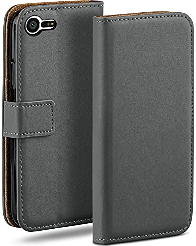 moex Book Case für Sony Xperia X Compact Handyhülle mit Kartenfach, Hülle klappbar 360 Grad Schutzhülle, Klapphülle Flip Case Cover, PU Leder Handytasche Lederhülle, Dunkelgrau