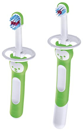 MAM Set de Cepillos de Dientes de Aprendizaje para Bebé, Cepillo Extra Largo para una Limpieza con los Padres y Cepillo Corto para Limpieza Independiente, con Protector de Seguridad, Neutro, Pack 2