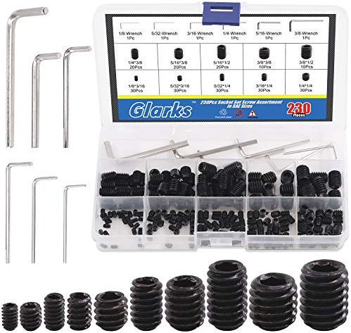 Glarks 230Pcs 10 Size 3/8x1/2''-1/8x3/16'' Internal Hex Allen Head Socket Set Screw, 12.9 Class Black Alloy Steel Hex Grub Screws Assortment Kit with 6Pcs Hex Wrenches