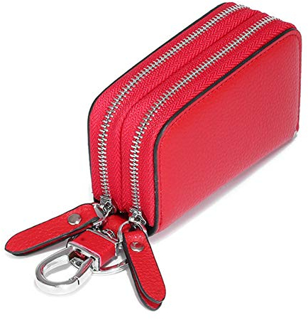 Echtleder Schlüsseletui,MoreChioce Auto Schlüsseltasche mit Haken Tragbares Schlüsselringetui Multifunktionale Mini Münztasche Doppel-Reißverschluss Schlüsselmäppchen,Rot