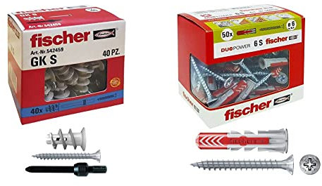 Fischer 542459 40 Tasselli GK con Vite specifici per Cartongesso, Include Accessorio di Montaggio, Grigio, Set di 40 Pezzi & 50 Tasselli Duopower con Vite, 6 x 30 mm, per Muro pieno, Mattone Forato