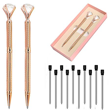 JSYMJSY Diamant Kugelschreiber, 2er Kristall Metall Kugelschreiber mit 10 Schwarze Tinte, Bürobedarf Geschenke für Freund, Hochzeits, Party, Weihnachten, Roségold Schnitzen Fass