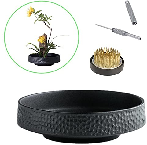 Japanese Ikebana Vase Kit, Flower Shallow Container Ceramics Ikebana Vase with 1.57inch Flower Frog and Floristry Floral Frog Kenzan Needle Straightening Tool (Hammer Pattern Bowl)