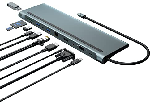 Docking Station, 11 in 1 USB-C Hub, USB Type C auf 4K 30Hz HDMI+VGA, 87W PD, USB3.0/2.0,SD/TF Reader,Ethernet RJ45,3.5mm Audio für HP/MacBook/Dell/Lenovo Laptops.