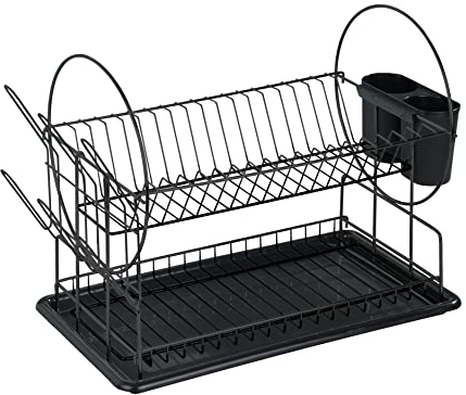 WENKO Égouttoir à Vaisselle Premium Duo Noir, Support d'égouttage de Vaisselle, égouttoir de Haute qualité avec Compartiment à Couverts et Support pour Assiettes, 52 x 36 x 24 cm, en métal, Noir