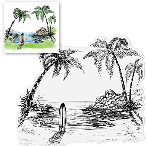 Sea Summer Coconut Tree Clear Stamps for Card Making, Surfboard Beach Palm Tree Transparent Rubber Stamps for Bullet Journal DIY Scrapbook Decoration Handmade Crafts Notebook
