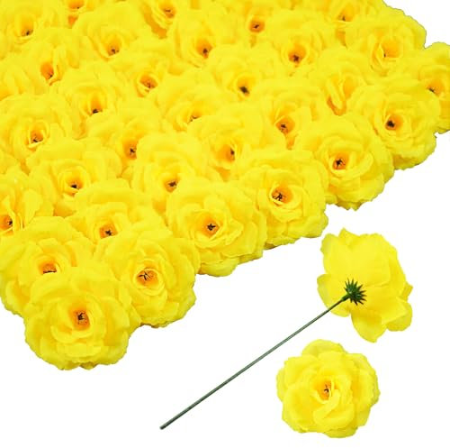 Rose Artificial Flowers, 50Pcs Yellow Roses Head Flowers Bulk with Stem, 3 Inches Silk Rose Fake Flower Head for Wedding Party Home Decor DIY Baby Shower Centerpieces Tables Decoration(Yellow)