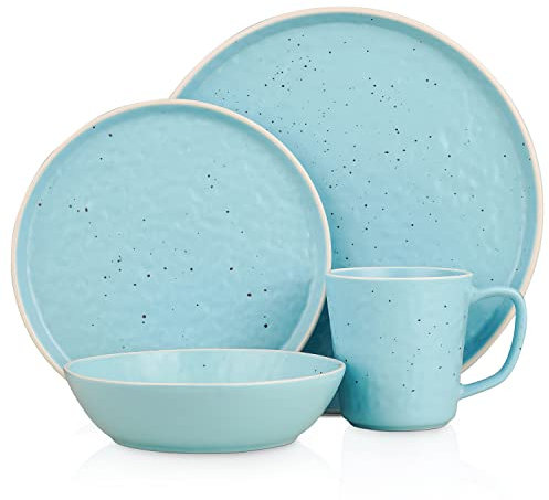 Stone Lain Elena Steingut-Geschirr-Set, rund, 16-teilig, Blau, Service für 4 Personen