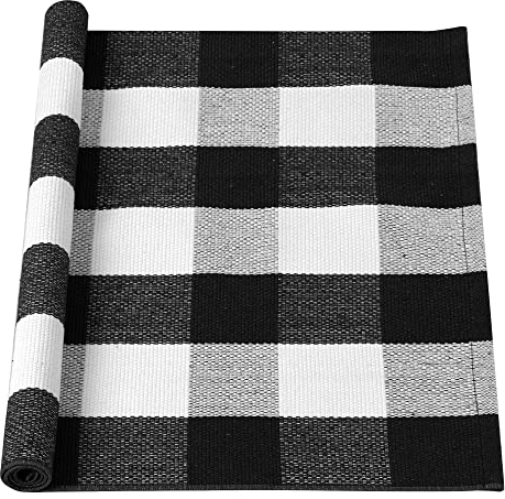 uxcell Buffalo karierter Teppich, kariert, Outdoor-Teppich, geschichtete Fußmatte, Baumwolle, Gingham-Teppiche, 109.2x71.1 cm, Schwarz und Weiß