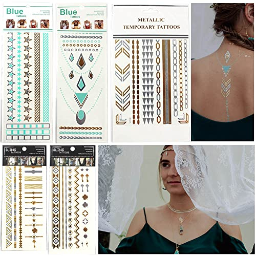 5er Set Shiny Tattoo Aufkleber Metallic Tattoo Temporary in den Farben türkis, silber und gold