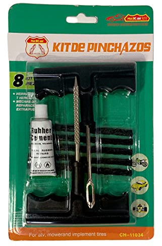 RevolutionLine - Kit Reparador de pinchazos para neumáticos de Coches y Motos | Herramientas Incluidas: 1 Herramienta para perforar, 1 Herramienta para Insertar la Mecha, 5 mechas y Pegamento