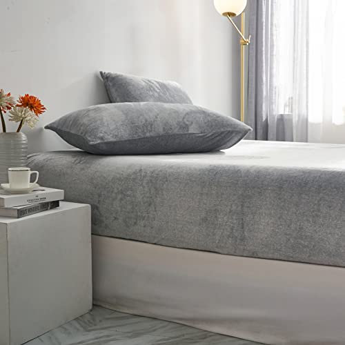 Luofanfei Winter Warme Spannbettlaken 90x200 Boxspringbett Fleece Flauschig Warme Kuschel Grau Hellgrau Frottee Bettlaken Uni Spannbetttücher Leintuch für Hohe Matratze Steghöhe 25-30cm