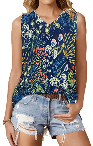 Sommer-Tops für Damen, ärmellos, V-Ausschnitt, lockere Passform, lässige Tank-Tunika-Bluse, V Blauer Blumenstrauß, Groß