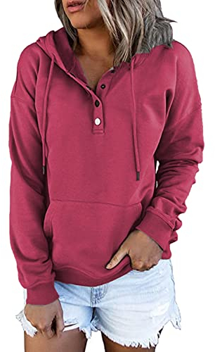 GOLDPKF Damen Hoodie Sweatshirt Kapuzenpullover Elegant Pullover Mit Knopfleiste Burgundisch XL