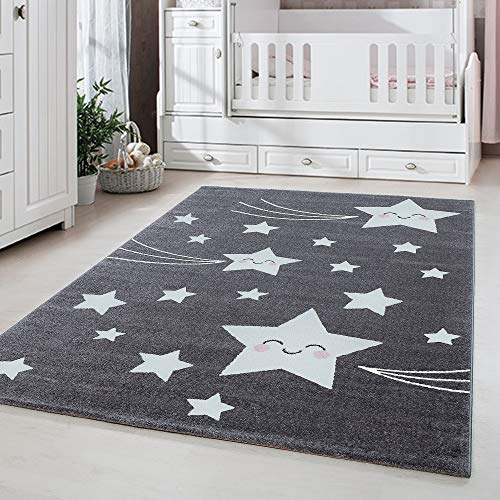 Carpetsale24 Kinderteppich Lachende Sterne Grau 120x170 cm – Rechteckiger Spielteppich für Jungen & Mädchen – Hautfreundlich & Modern