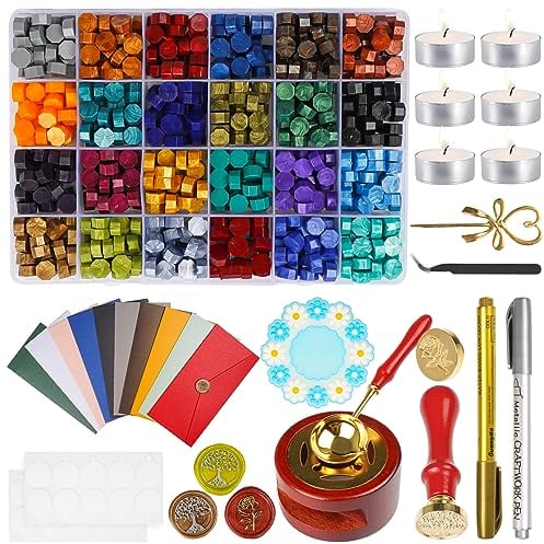 MICTER Siegelwachs Set, 24 Farben Wachssiegel Stempel Set mit 600 Stück Siegelwachs Perlen, Siegelwachswärmer, Siegellack Stempel, Schmelzlöffel und Teelichte, für Geschenk, Dekoration und DIY