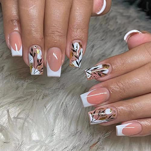 Ceboic 24 Pcs False Nails, Short Square Press on Nails French Pink Fake Nails, Glossy Gold Leaf Acrylic Stick on Nail Tips with Glue Sticker for Women and Girls Nails Art