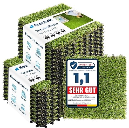 Floordirekt Azulejos de césped de 30 x 30 cm, 2 m² = 22 baldosas para terraza, balcones – Suelo para balcón y terraza – resistente a la intemperie con función de drenaje | hierba