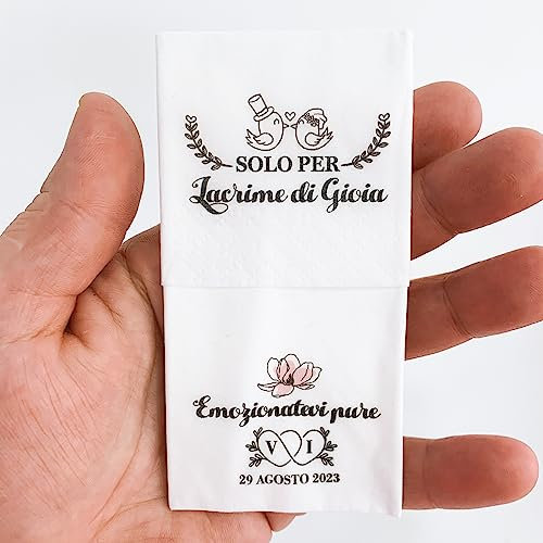 LACRIME DI GIOIA 100 PEZZI - FAZZOLETTI PERSONALIZZATI LACRIME DI GIOIA - FAZZOLETTI PER MATRIMONIO - DECORAZIONI NOZZE