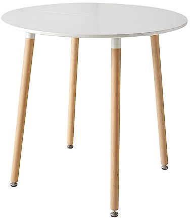 HJhomeheart Table de Salle à Manger Ronde Moderne avec Plateau Blanc, Structure en Métal Robuste et Pieds en Bois de hêtre pour Bureau Salle à Manger, 80 x 80 x 75 cm