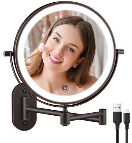FUNTOUCH Wiederaufladbar Kosmetikspiegel Wandmontage mit 1X/ 10X Vergrößerung, Dimmbarer Rasierspiegel 3 Farben, Touchscreen LED Schminkspiegel, 360° Drehbar, Wandspiegel für Badezimmer und Hotel