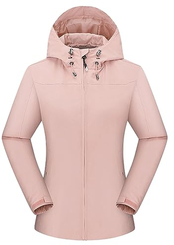 Damen-Jacken Damen Solid Hooded Slim Pocket Single Layer Outdoorjacke Bergsteigerjacke Regenmantel Windjacke Bunte Langarmshirts Damen (Pink, L)