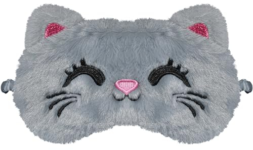 FUNAUPGO Niedliche Katze Augenmaske, Süße Tier Lustige Schlafmaske Weich Plüsch Augenbinde Reise Schlafbrille Augen Abdeckung für Kinder Erwachsene Mädchen Jungen Mädchen Damen (Katze, Grau)