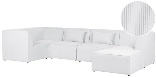 Beliani 5-Sitzer Modul Ecksofa rechtsseitig mit Ottomane Stoffbezug Cord weiß Lemvig