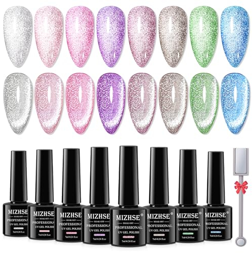 MIZHSE Cat Eye Nagellack Set 8 Farben - Cateye UV Gel mit Magnetstift - Holografisch Cateye Magnet Reflektierend Katzenauge Gel Art Manicure Salon