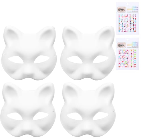 AYNKH 4 Stück Katzenmaske, DIY Gemalt Diamant Blank Gesichtsmaske Anime Handgezeichnete Graffiti Persönlichkeit Geeignet für Halloween Rollenspiele, Singles Partys, Tänze, Karneval