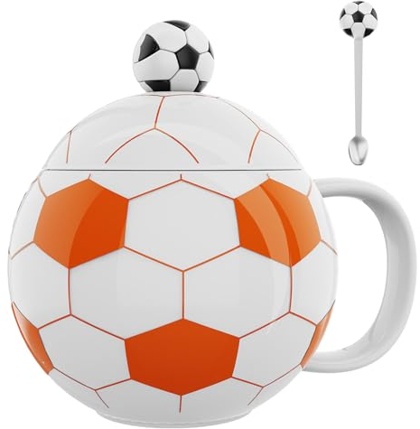 ZONSUSE Taza de Café de Fútbol, Divertida Taza Esférica, Mug Desayuno Creativa, con Tapa y Cuchara, para Leche Café Té, Regalo Futbol Original para Hombre Mujer Niño Cumpleaños Navidad 400ml (Naranja)