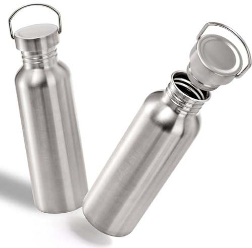 Yopay 2 Pack Edelstahl Sport Wasserflaschen, 26OZ Single Walled 18/8 Edelstahl Wasserflasche mit Griff, Unisoliert Metall Wasserflasche für Radfahrer, Läufer, Wanderer, Strandbesucher, Picknicks