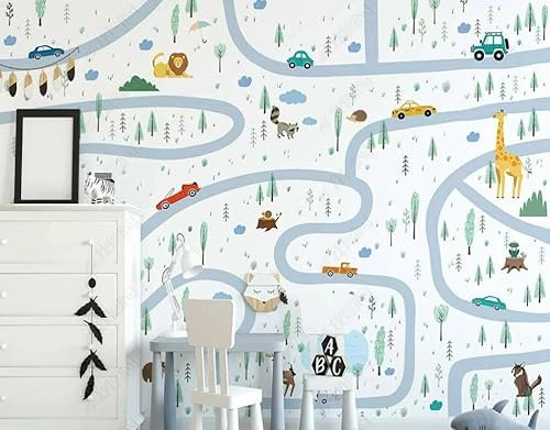 Fototapete 3D Effekt Tapeten 3D Cartoon Road Car Tierparadies Kinderzimmer Vlies Tapeten Wandtapete Wanddeko Design Wohnzimmer Schlafzimmer Büro Flur 400Cm(W)*280Cm(H)