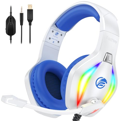 Fachixy FC100 Gaming Headset für PS4/PS5/PC/Xbox/Nintendo Switch, PS4 Kopfhörer mit Kabel und RGB Licht, Stereo Surround Kopfhörer mit Mikrofon, Noise Cancelling Headphones - Weiss-BLAU