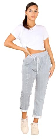 Candid Styles Womens Italian Denim Joggers Sweatpants Plain Floral Star Elasticated Waist Gym Running Yoga Pants Jogging Turn Up Trousers (Thin Stripe Black, 16-18)