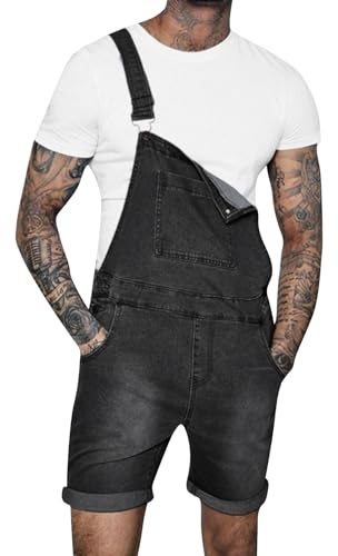 Mens Denim Dungarees Bib and Brace Short Overalls Casual Retro Adjustable Straps Multiple Pockets Lightweight Cargo Trousers Slim Fit Knee Lenth Pants Outdoor Wear Vintage Wash Jeans Jumpsuit Workwear