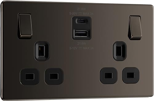 BG Electrical Double Switched Power Wall Plug Socket with Fast Charge Type A and C USB Ports, Screwless, Flatplate, Black Nickel, 13A, 22W, FBN22UAC22B